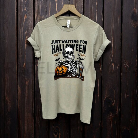 Just Waiting For Halloween Short Sleeve Tee Shirt, Skeleton, Coffee Graphic - Picture 3 of 4